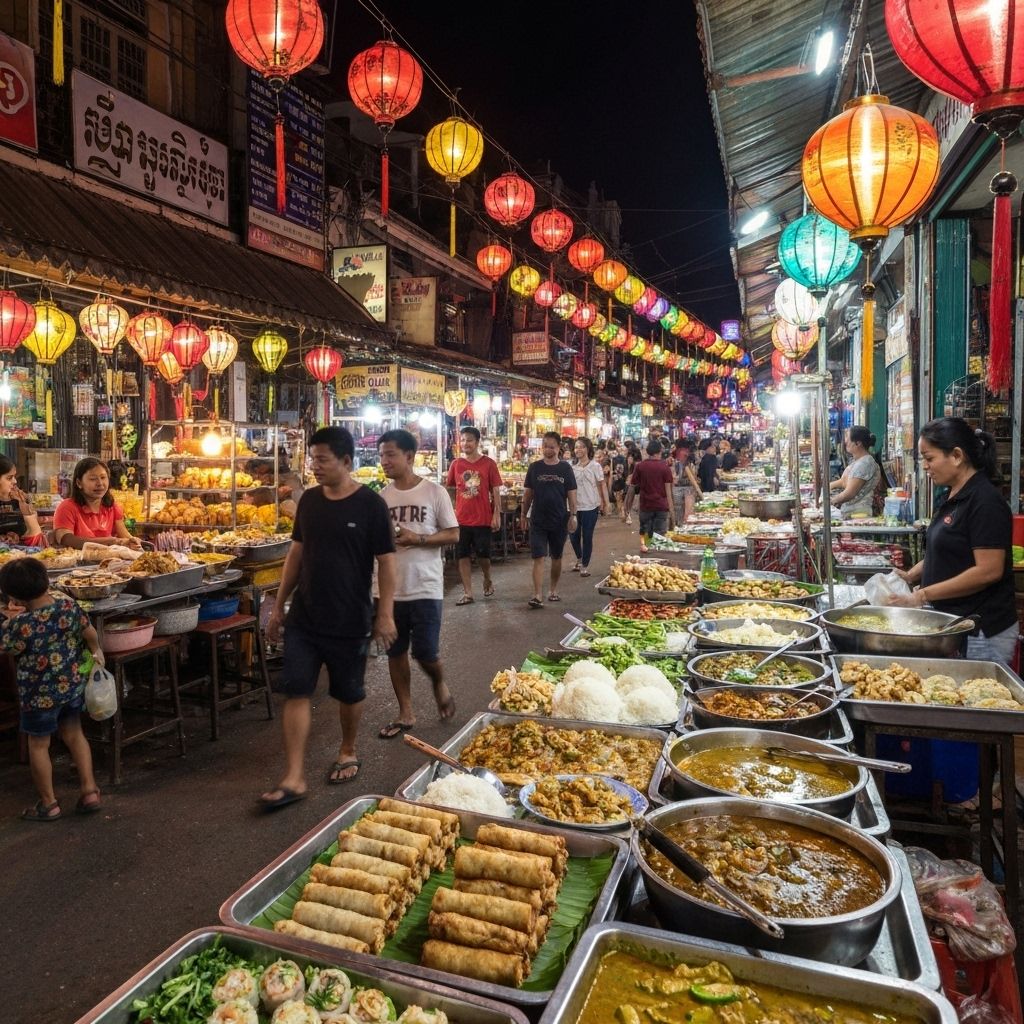 Colorful Siem Reap night market and cultural street scene